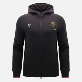 Automobili Lamborghini Squadra Corse Herren-Sweatshirt in Schwarz mit Dreifarb-Motiv und durchgehendem Reißverschluss Automobili Lamborghini Squadra Corse Herren-Sweatshirt in Schwarz mit Dreifarb-Motiv und durchgehendem Reißverschluss