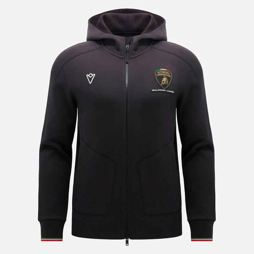 Automobili Lamborghini Squadra Corse Herren-Sweatshirt in Schwarz mit Dreifarb-Motiv und durchgehendem Reißverschluss Automobili Lamborghini Squadra Corse Herren-Sweatshirt in Schwarz mit Dreifarb-Motiv und durchgehendem Reißverschluss