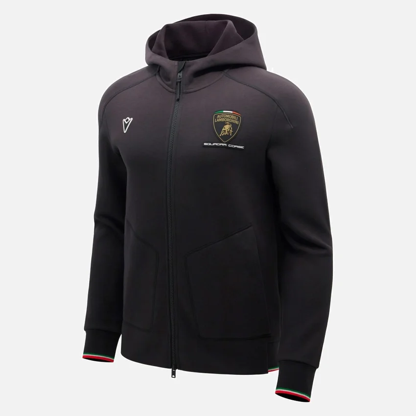 Automobili Lamborghini Squadra Corse Herren-Sweatshirt in Schwarz mit Dreifarb-Motiv und durchgehendem Reißverschluss Automobili Lamborghini Squadra Corse Herren-Sweatshirt in Schwarz mit Dreifarb-Motiv und durchgehendem Reißverschluss