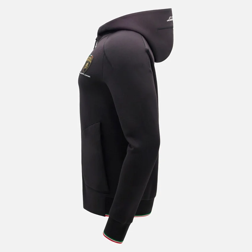 Automobili Lamborghini Squadra Corse Herren-Sweatshirt in Schwarz mit Dreifarb-Motiv und durchgehendem Reißverschluss Automobili Lamborghini Squadra Corse Herren-Sweatshirt in Schwarz mit Dreifarb-Motiv und durchgehendem Reißverschluss
