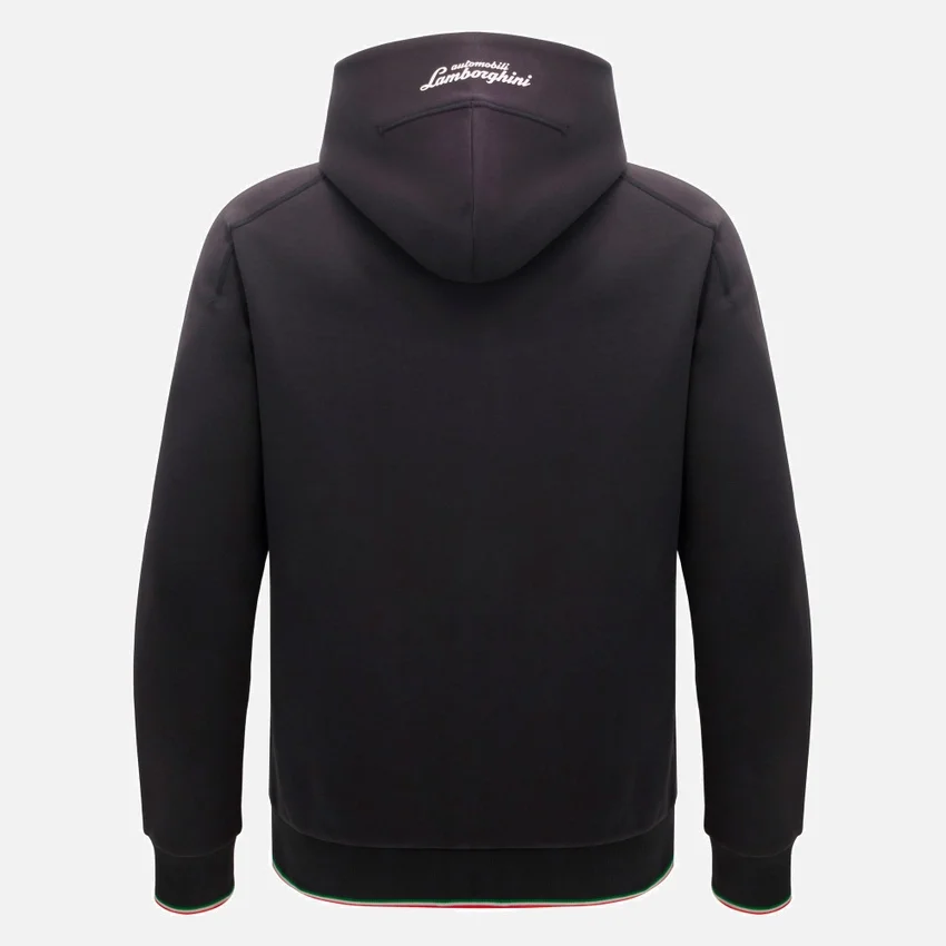 Automobili Lamborghini Squadra Corse Herren-Sweatshirt in Schwarz mit Dreifarb-Motiv und durchgehendem Reißverschluss Automobili Lamborghini Squadra Corse Herren-Sweatshirt in Schwarz mit Dreifarb-Motiv und durchgehendem Reißverschluss