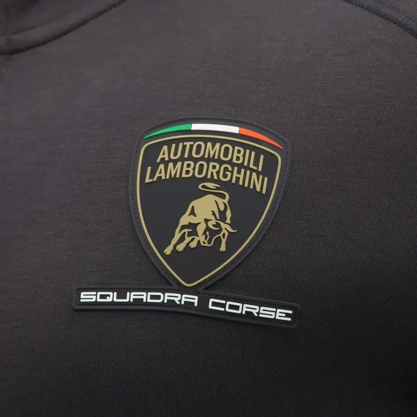 Automobili Lamborghini Squadra Corse Herren-Sweatshirt in Schwarz mit Dreifarb-Motiv und durchgehendem Reißverschluss Automobili Lamborghini Squadra Corse Herren-Sweatshirt in Schwarz mit Dreifarb-Motiv und durchgehendem Reißverschluss