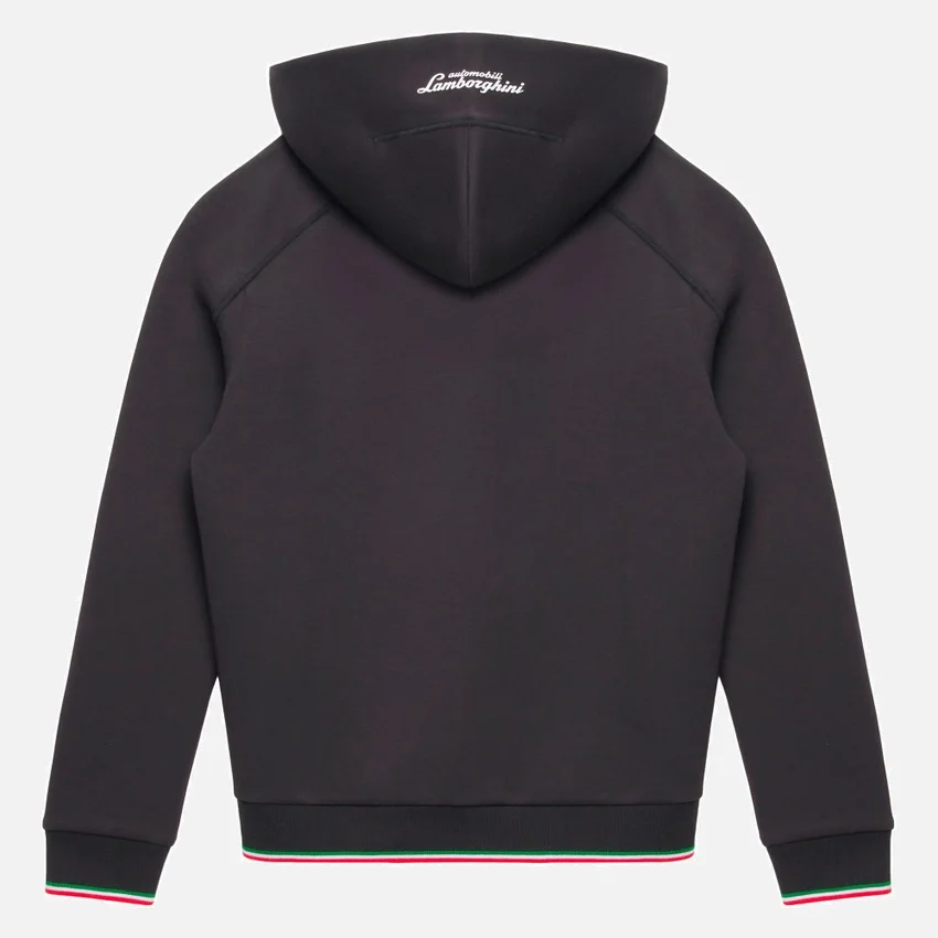 Automobili Lamborghini Squadra Corse Kinder-Sweatshirt in Schwarz mit Dreifarb-Motiv und durchgehendem Reißverschluss Automobili Lamborghini Squadra Corse Kinder-Sweatshirt in Schwarz mit Dreifarb-Motiv und durchgehendem Reißverschluss