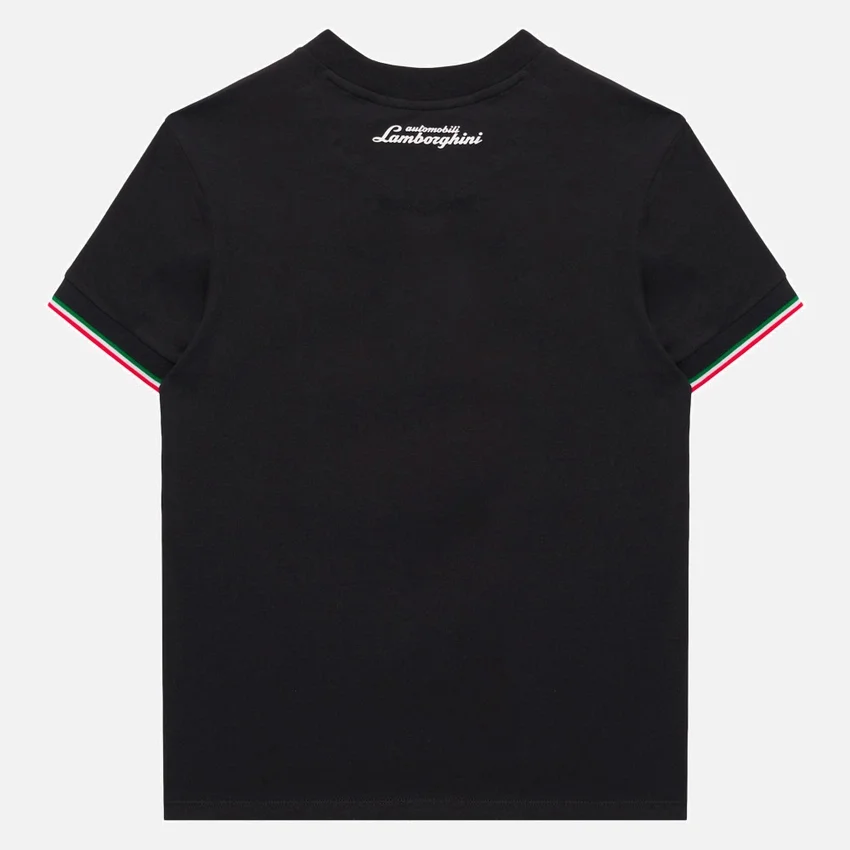 Automobili Lamborghini Squadra Corse Kinder-T-Shirts in Schwarz und den drei Farben Automobili Lamborghini Squadra Corse Kinder-T-Shirts in Schwarz und den drei Farben